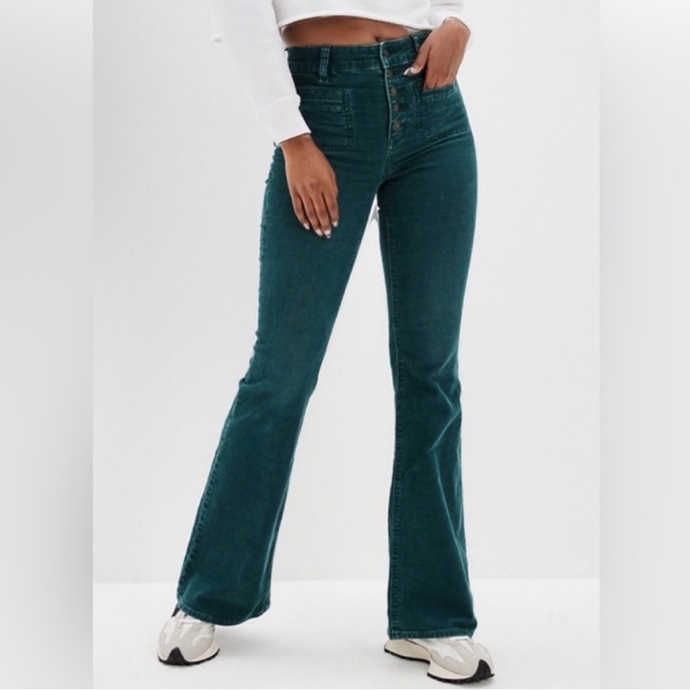 High-waisted green corduroy flare pants